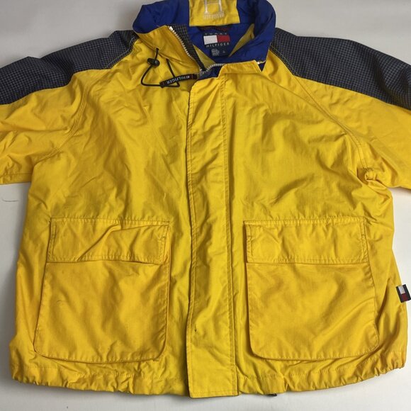 VTG Tommy Hilfiger Hooded Tactical Windbreaker Yellow Rain Jacket Men’s Size M - Picture 9 of 16